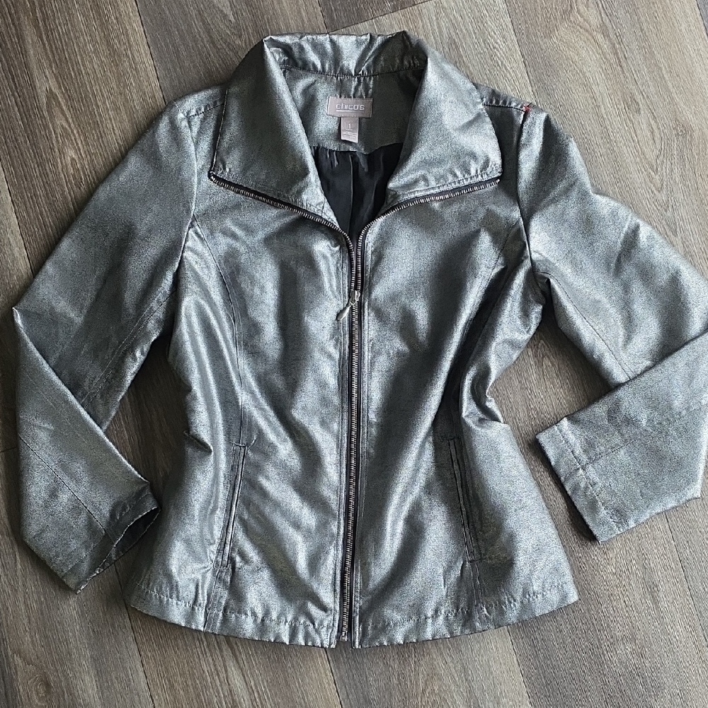 Chico's Metallic Silver Leather Zip Jacket